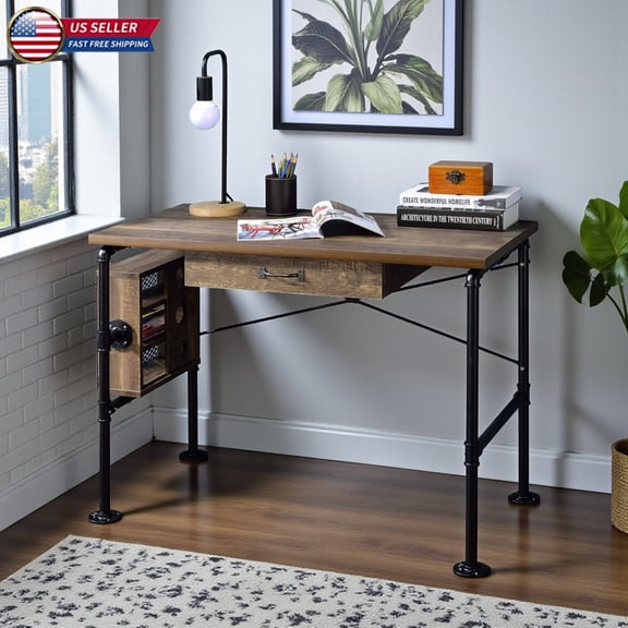 Hassch Industrial Computer Desk with 3-Tiers Side Bookshelf, Metal Frame for Home Office, Oak