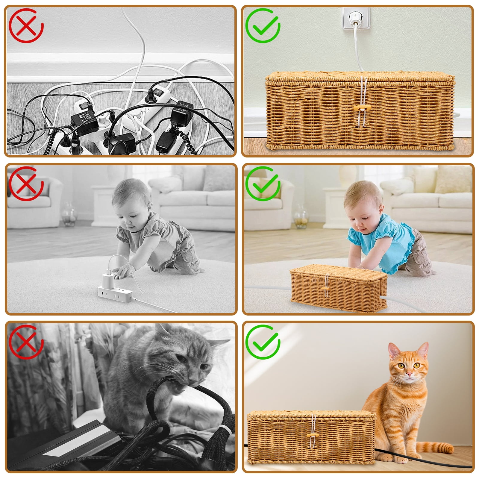 2 Pack Cable Management Box, Power Strip Organizer with Locked Cover, Handmade Rattan Cable Organizer Cords Hider, Desk Cord Organizer Management, Power Strip Cover Box for USB Outlet & Computer