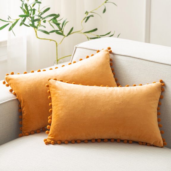 Phantoscope Orange Throw Pillow Covers 2 Pack, 12" x 20" Velvet Decorative Pillow Cases with Pom Poms, Soft Square Cushion Covers for Couch Sofa Bed