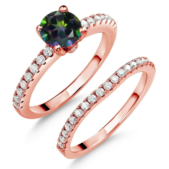 Gem Stone King 18K Rose Gold Plated Silver Green Mystic Topaz and White Moissanite Wedding Engagement Band Bridal Set Ring for Women (1.49 Cttw, Gemstone, Available in Size 5, 6, 7, 8, 9)