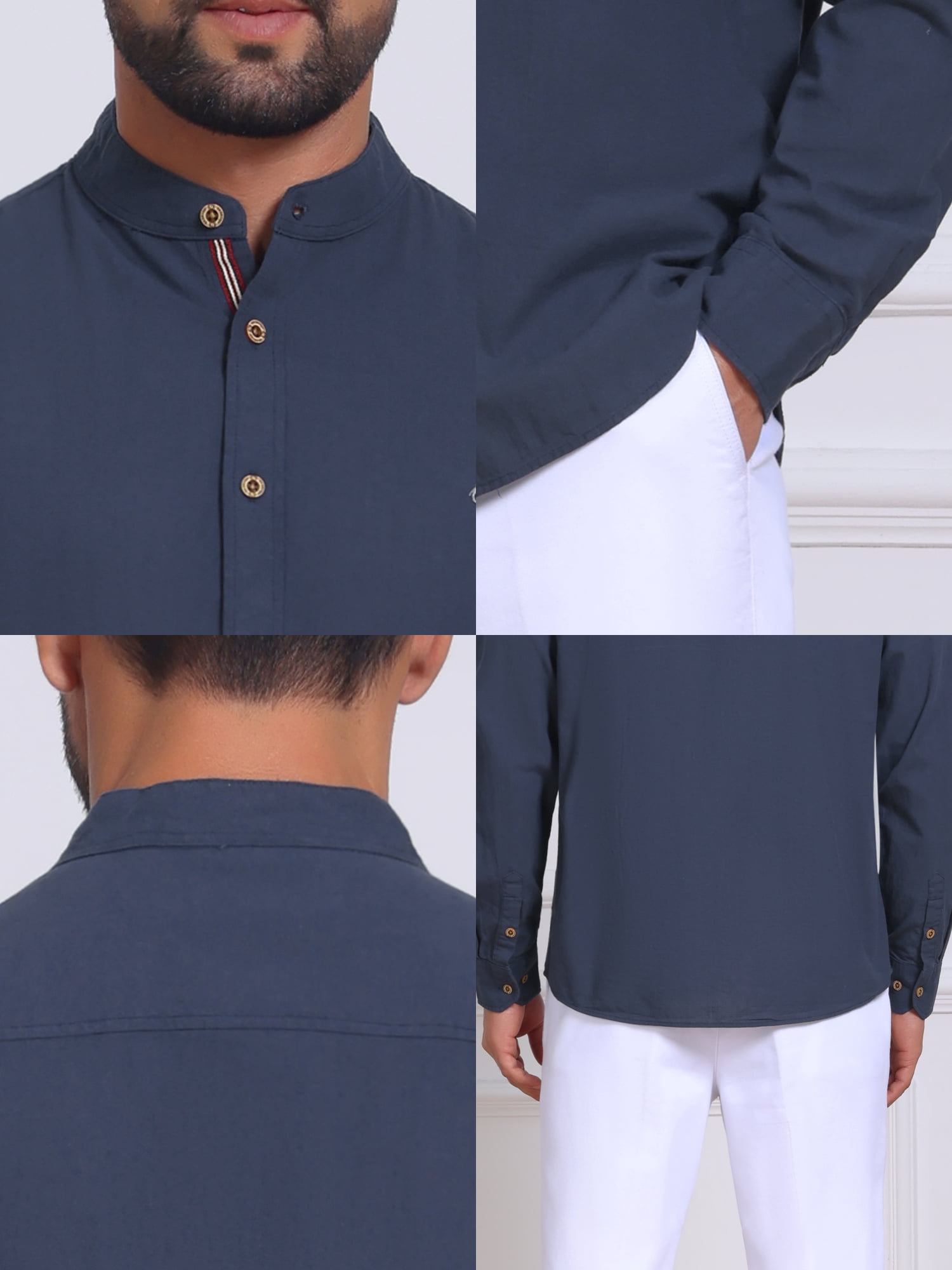 DARING DIVA Men's Stand Collar Long Sleeves Button Down Linen Shirts XL Dark Blue