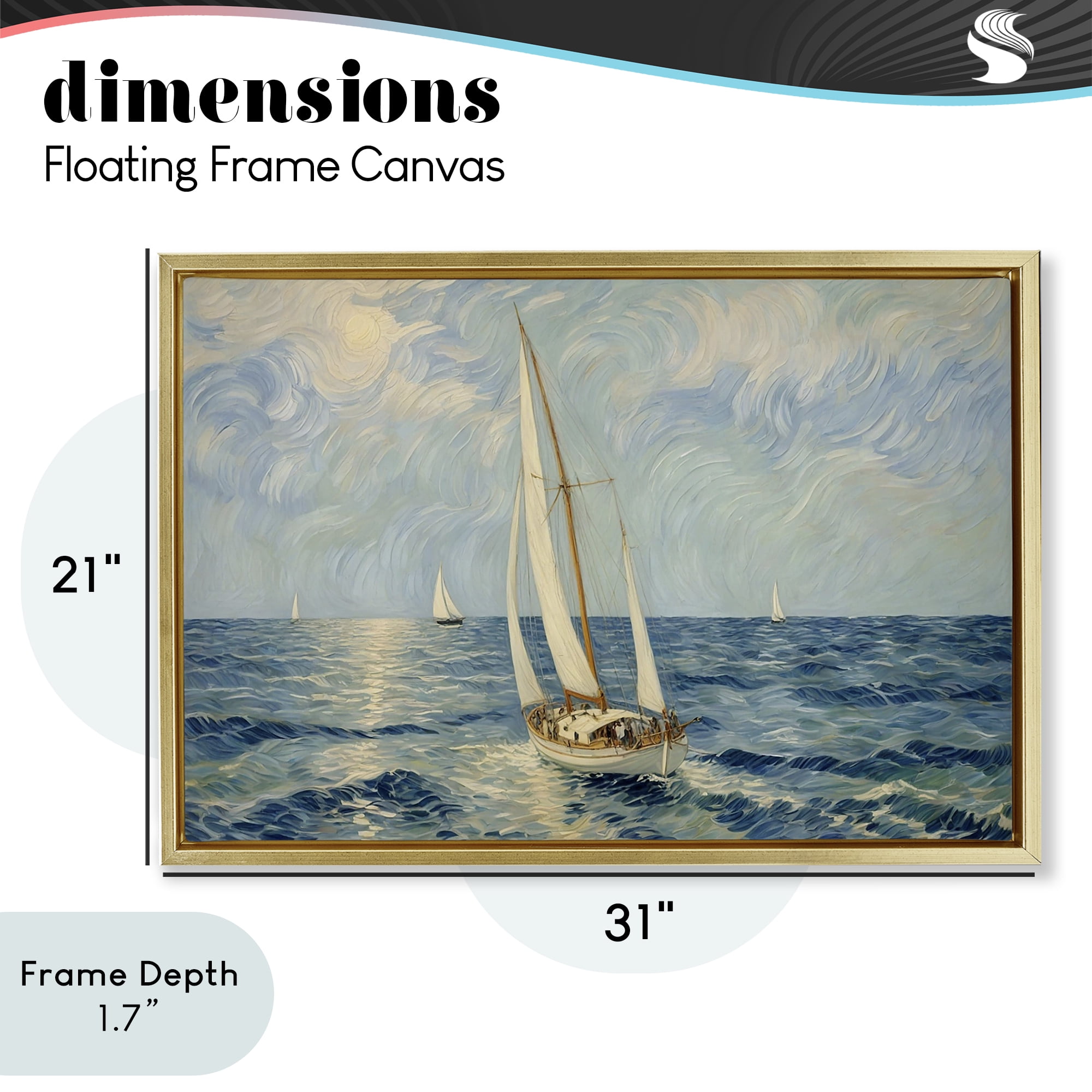 Stupell Industries Sailing Yacht on Blue Sea Gold Framed Floater Canvas Wall Art, design by Angie Hawke