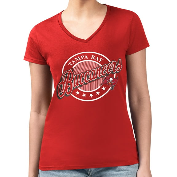 Women's G-III 4Her by Carl Banks Red Tampa Bay Buccaneers Super-Slim Fit Lightweight Pinstripe Circle V-Neck T-Shirt