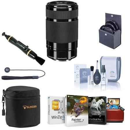 Sony E 55-210mm f/4.5-6.3 OSS Lens for Sony E, Black, Bundle with 49mm Filter Kit, Lens Case, Lens Cleaner, Cleaning Kit, Lens Cap Tether, Mac Software Kit