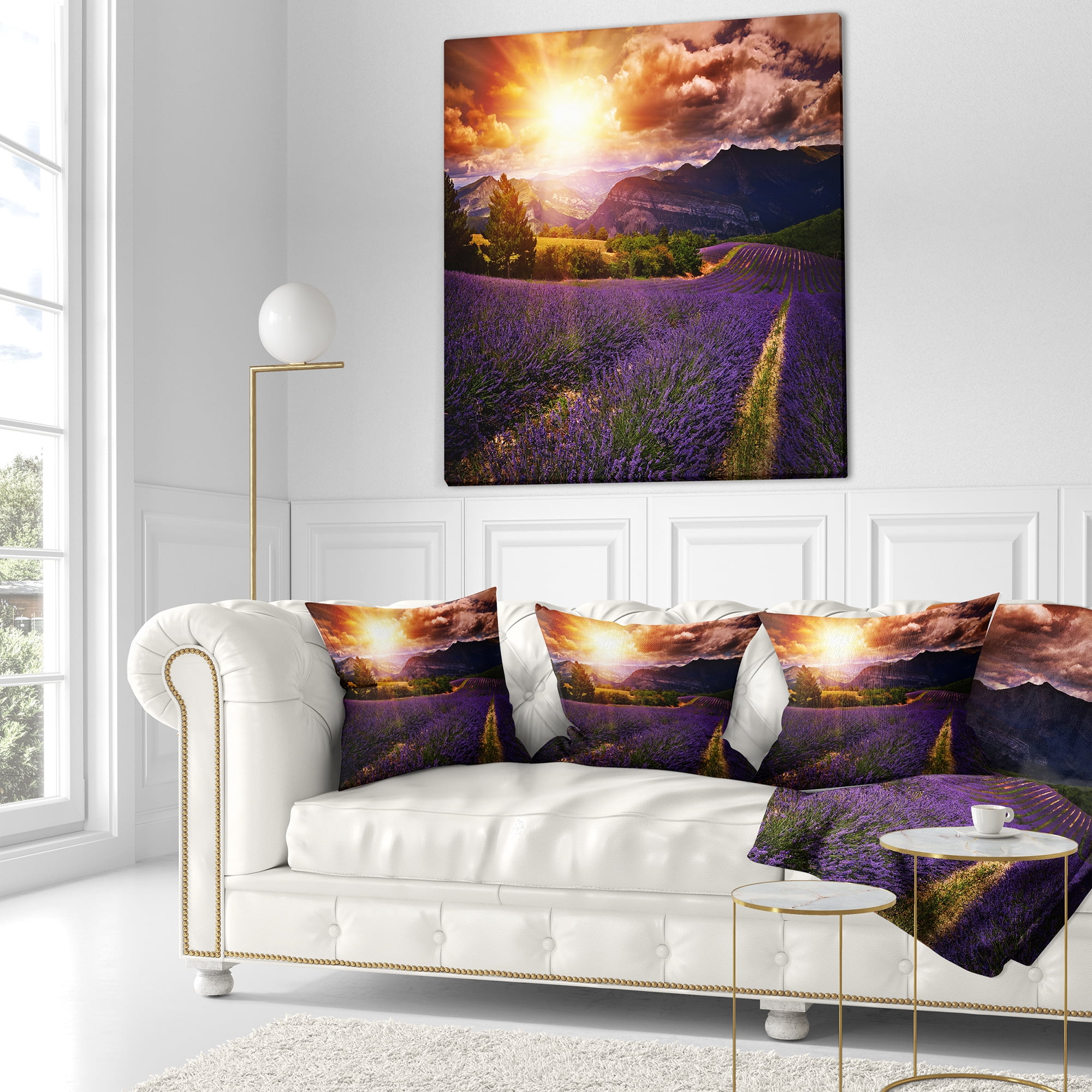 Designart Beautiful Sunset over Lavender Field - Floral Throw Pillow - 18x18