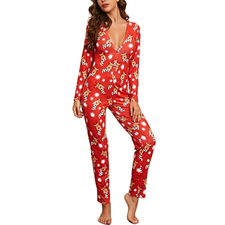 

SHIBAOZI Women Christmas Print Jumpsuit Deep V-neck Long Sleeve Button up One Piece Pajamas Sleepwear