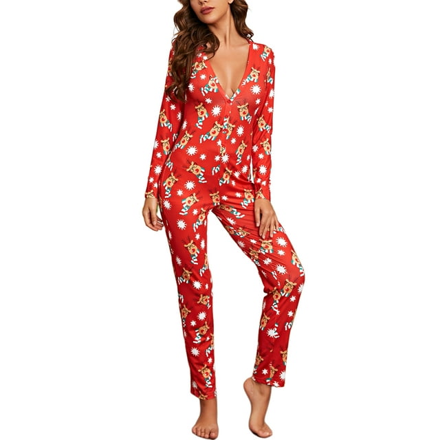 Diconna Pyjamas de Noël pour Femmes Combinaison à Manches Longues Imprimé Élan Dessin Animé Bouton Col en V une Pièce