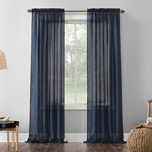 No. 918 Erica Crushed Sheer Voile Rod Pocket Curtain Panel, 51" x 95", Navy Blue
