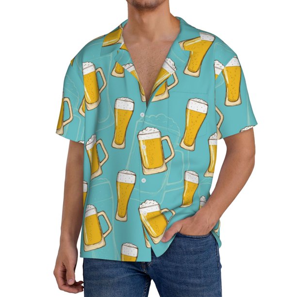 Fotbe Beer Camisa Estampada de Manga Corta para Hombre, Casual de Verano, Estilo Playero, Sin Arrugas-Small