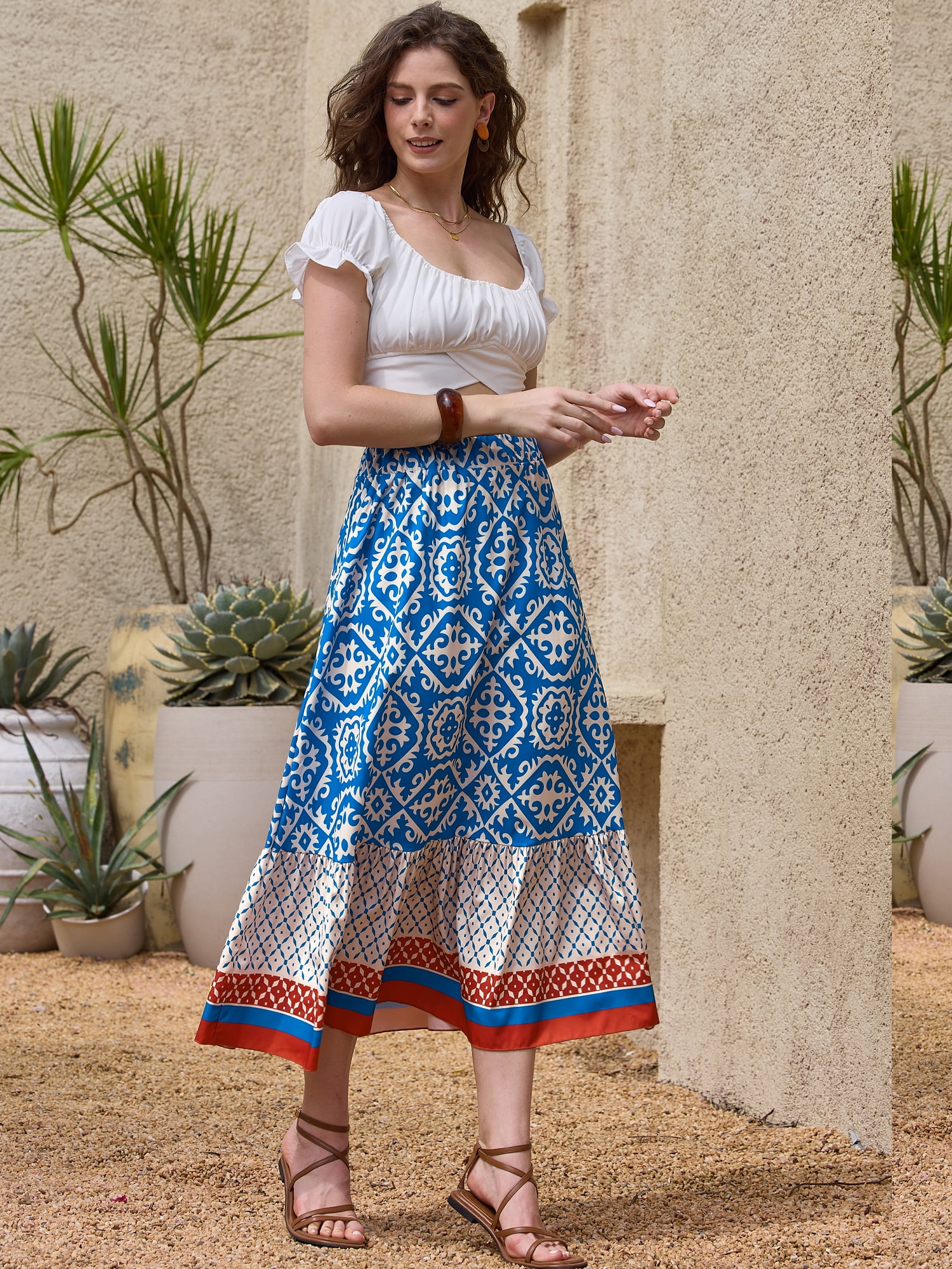 DARING DIVA Women's Summer Beach Graphic Midi Western Skirts X-Large Blue
