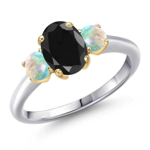 Gem Stone King 10K Two Tone Gold Black Sapphire and Simulated White Opal Engagement Ring for Women | 2.16 Cttw | Oval 8X6MM | Gemstone September Birthstone | Size 5