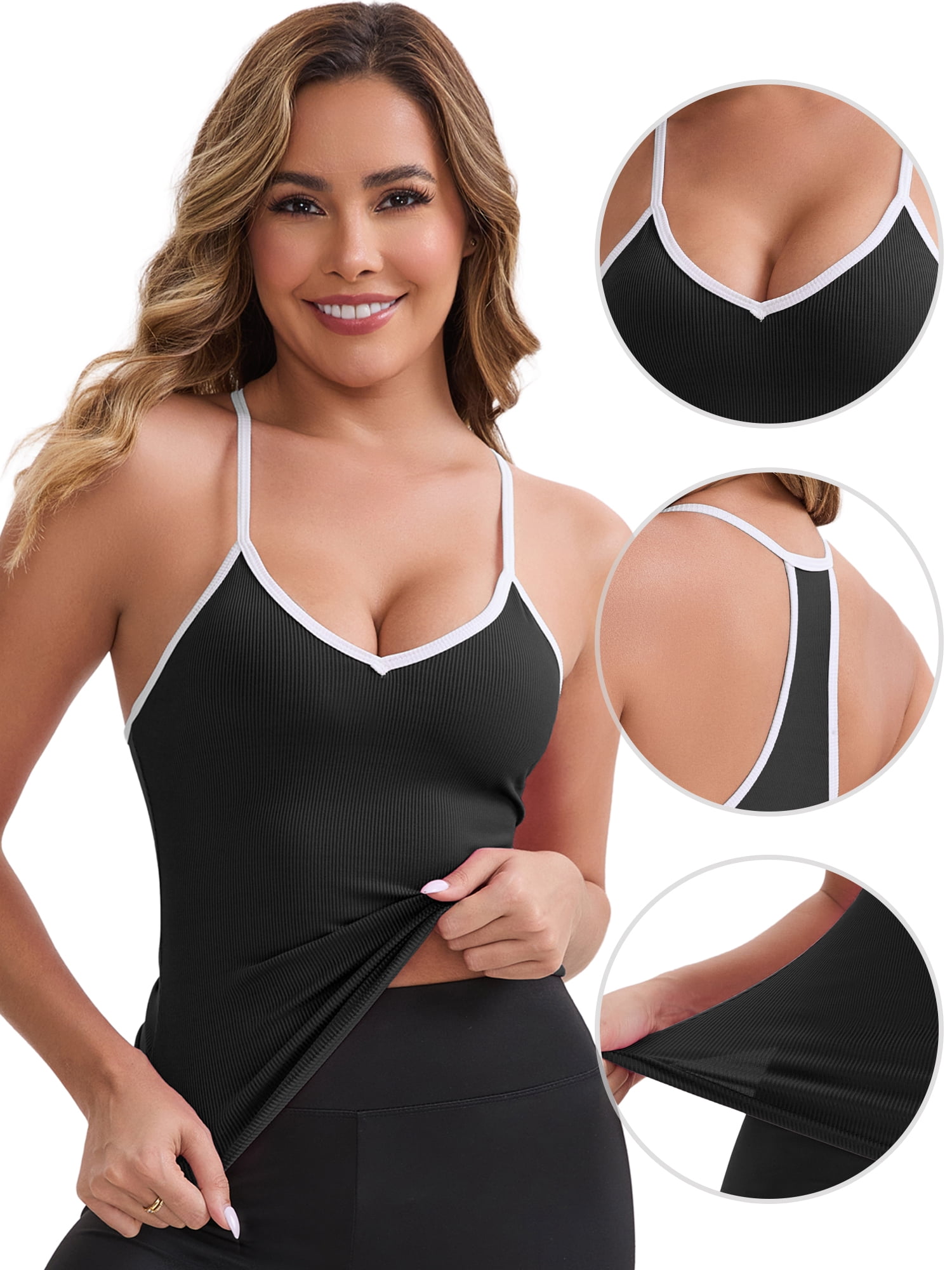 DARING DIVA Women's Colorblock Ice Silk Spaghetti Straps V Neck Tank Top L Black