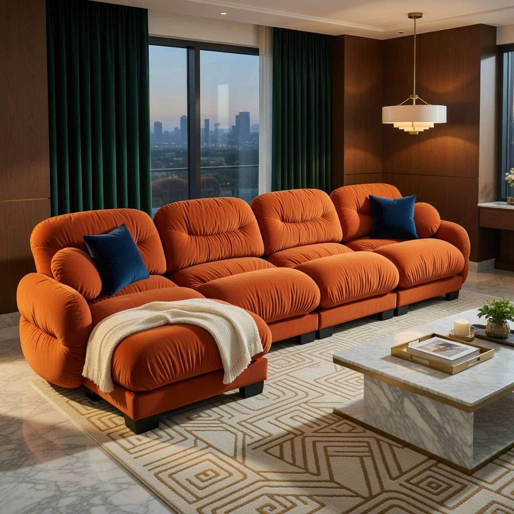 Hommoo Chenille 4-Piece L-Shaped Modular Sectional Sofa Set with Ottoman, Ergonomic High-Density Foam Cushions, Curved Armrests & 2 Throw Pillows, Pleated Back Design, Orange