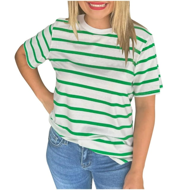 Tii.MM T-Shirts d'Été à Rayures pour Femmes Chic Décontracté Manches Courtes Hauts Amples Col Rond T-Shirt Basique Hauts Vêtements Tendance