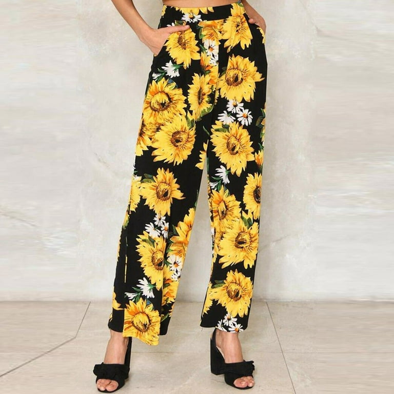 NILLLY Pants Women, Women Sunflower Loose Hot Pants Lady Fashion Wide Leg  Pants Home Long Trousers Black / XL 
