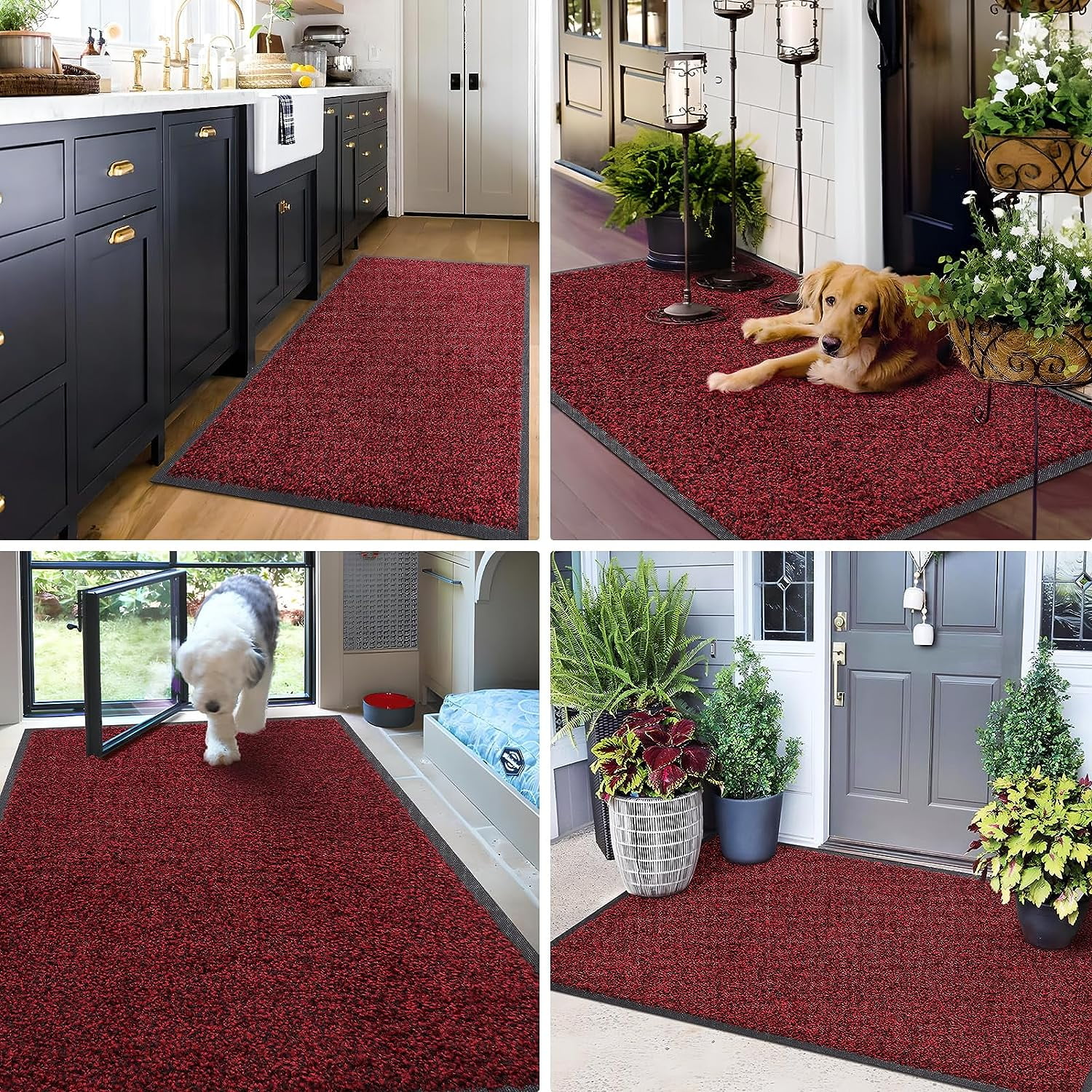 Front Door Mat, Dirt Trapper Welcome Mat for Outdoor Indoor, Non-Slip Waterproof Doormat, Durable Machine Washable Low Profile Entry Rug for Back Door Outside Patio Porch, 36" x 24", Red