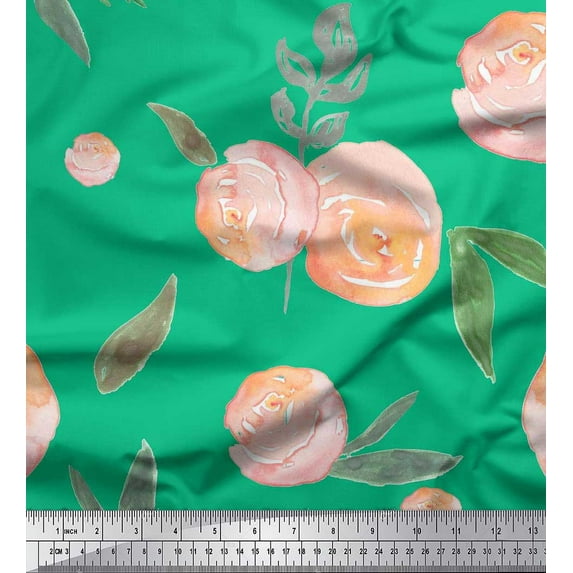 Soimoi Green Cotton Jersey Fabric Leaves & Peach Floral Watercolor Decor Fabric Printed BTY 58 Inch Wide