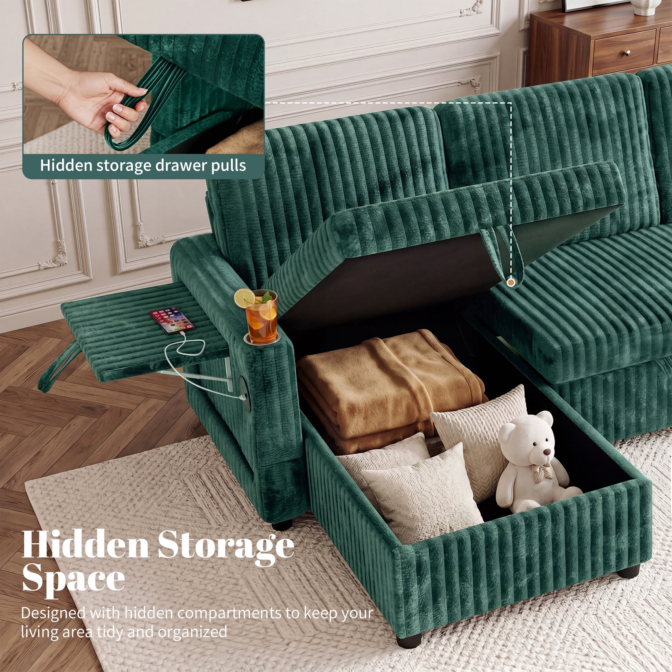 Aenkyo 110" U-Shaped Sleeper Sofa with Pull Out Bed, Storage Chaises and USB, Green