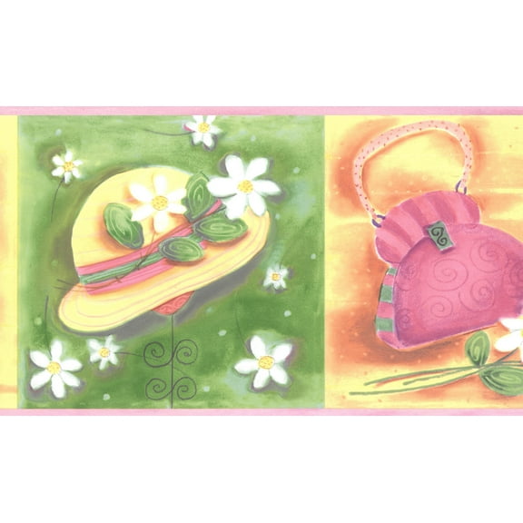 Dundee Deco Prepasted Wallpaper Border - Fashion Green, Pink, Yellow Hats, Purses, 15 ft x 7 in