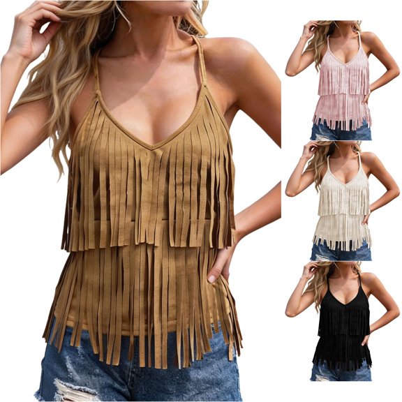 oqasdz Womens Tank Tops Boho Style Fringe Solid Color Sleeveless Cowboy Style Camisole Top for Festival Trendy Vacation Outfit Casual Summer,Coffee,M