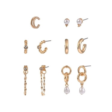 Time and Tru Adult Female Gold-Tone 5 Pair Acrylic Pearl Twist Texture Multi Stacker Earring Set