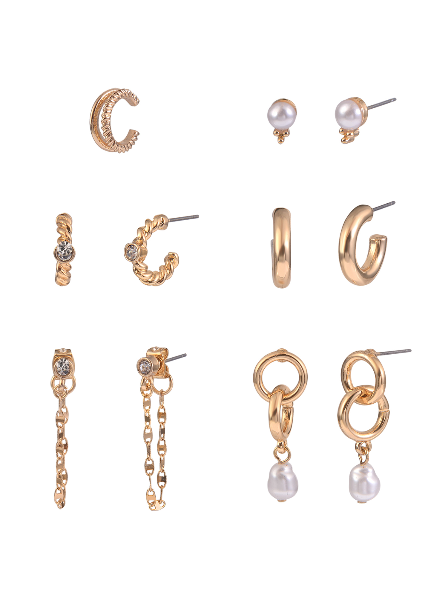Time and Tru Adult Female Gold-Tone 5 Pair Acrylic Pearl Twist Texture Multi Stacker Earring Set
