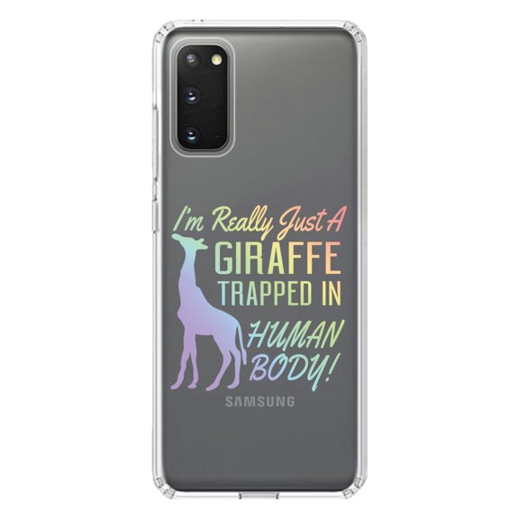 DistinctInk Clear Shockproof Hybrid Case for Galaxy S20 / S20 5G (6.2" Screen) - TPU Bumper Acrylic Back Tempered Glass Screen Protector - Just a Giraffe Trapped in a Human Body