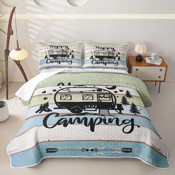 Erosebridal Happy Camping Camper Twin Quilt Set, Colorful Farmhouse Twin Coverlet Set, 2-Piece 1 Bedspread and 1 Pillowcase