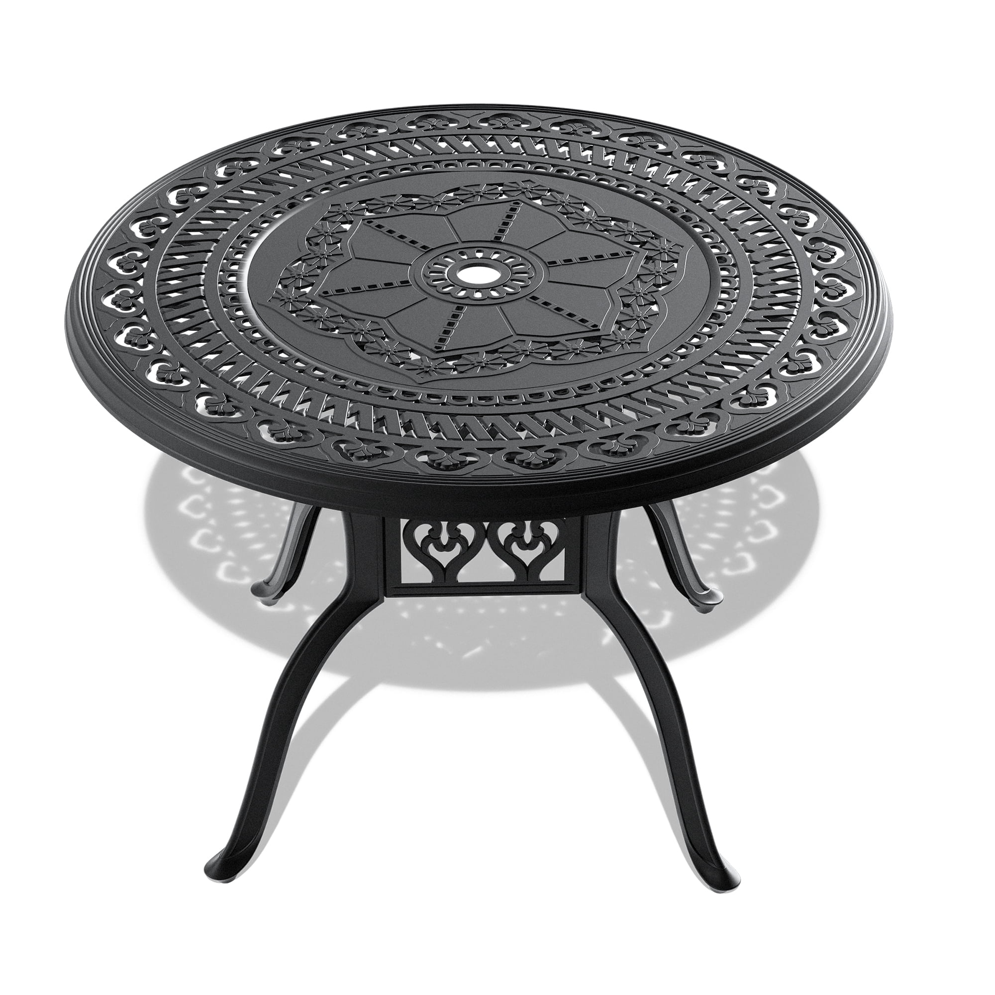 Round Cast Aluminum Patio Dining Table with Black Frame and Umbrella Hole for Garden Deck, Black