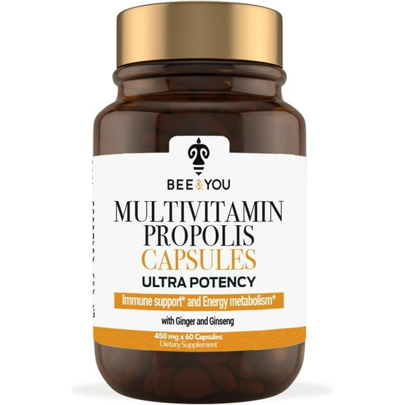 Bee and You Propolis Multivitamin Ginger Ginseng Capsules, Ultra Potency, 60ct, 100% Natural Superfood, Ultra Pure, Immune Support Supplement, Antioxidants, Keto, Paleo, Gluten-Free