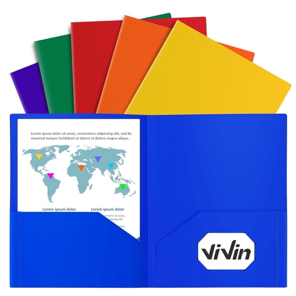 ViVin Sturdy Plastic Folder with 2 Pockets, 6 Pack, School Supplies, Assorted Color