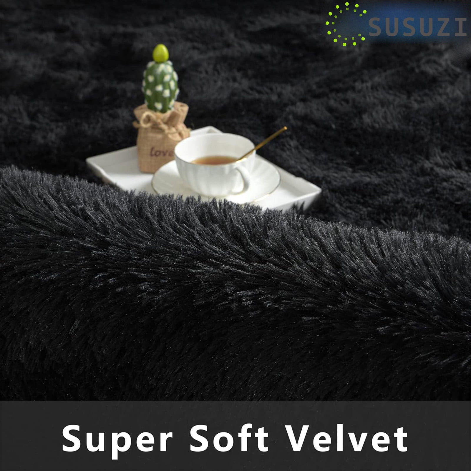 SUSUZI 5' x 7' Shaggy Area Rug, 2" Thick Ultra Plush Fluffy Carpet with Non-Slip PVC Backing, Black Modern Soft Rug for Bedroom Living Room Kids Room