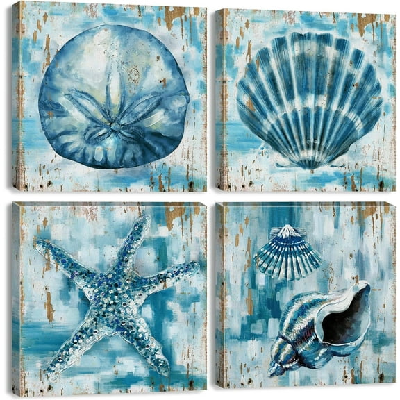 Ocean Wall Art Teal Blue Seashell Starfish Wall Decor Beach Bathroom Bedroom Picture Vintage Sea Nautical Artwork Canvas Prints Coastal Conch Shells Paintings Living Room Home Decor 12x12” 4 Pcs