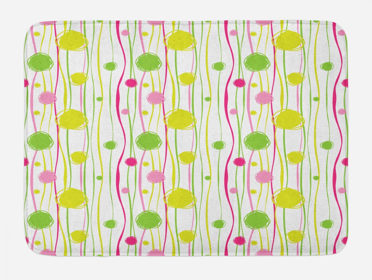 Green and Pink Bath Mat, Doodle Style Random Wavy Stripes with Big