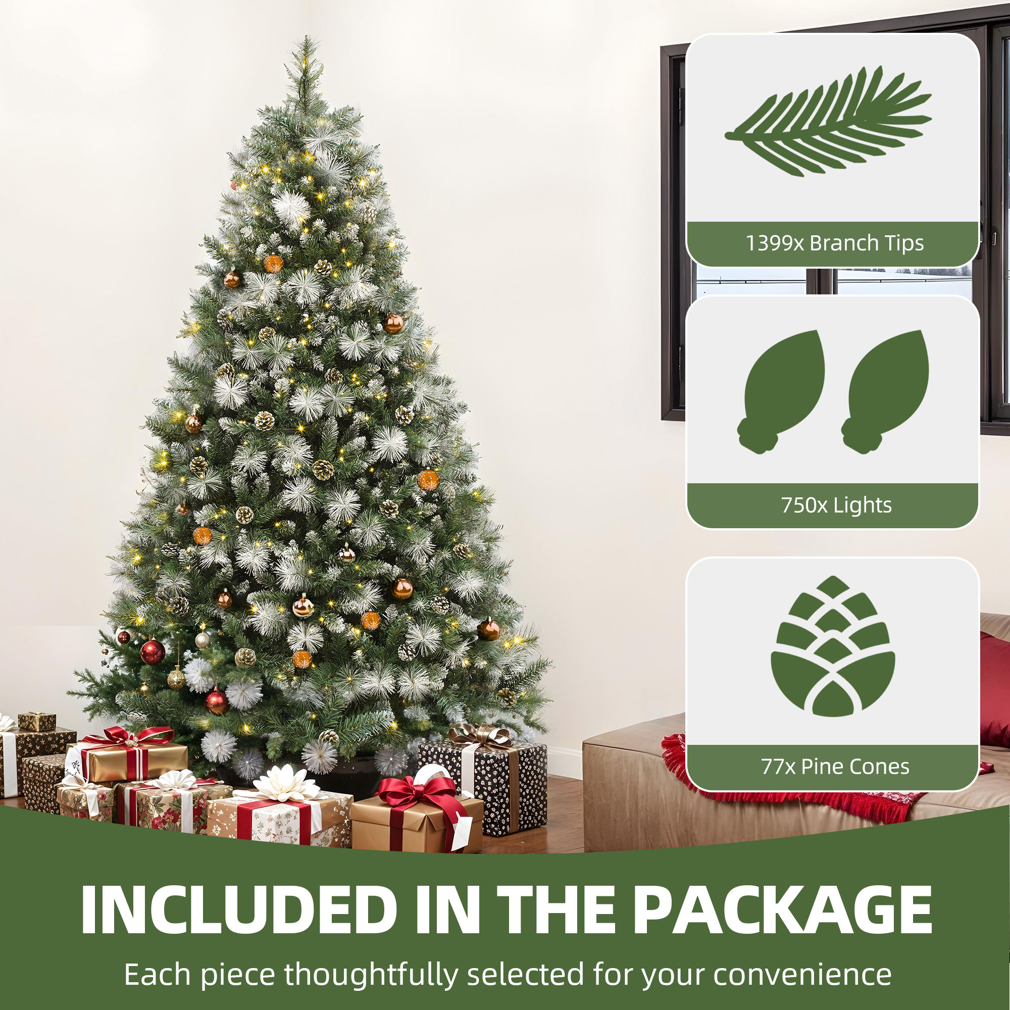 Uforic 7.5ft Pre-lit  Artificial Christmas Tree with 1399 Branch Tips & 750 Lights, Pre-Decorated Scotch Pine Christmas Tree with Remote, 11 Light Modes, 77 Pine Cones, Green