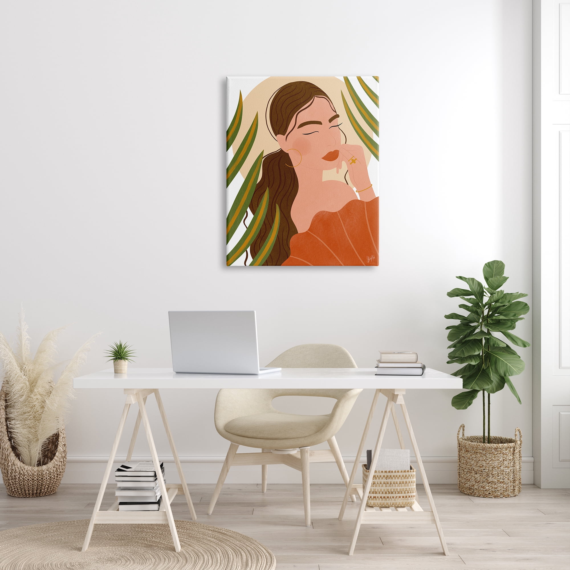 Stupell Industries Woman Tropical Snake Plant Leaves Circle Cutout Shape Graphic Art Gallery Wrapped Canvas Print Wall Art, Design by Birch&Ink