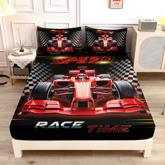Red Cars Fitted Sheet Set Twin Size,Black White Checkered Racing Flag Cool Sports Themed Bedding Sets,Race Car Room Decor for Kids Boys.