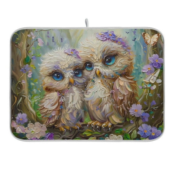 Cute Owls in Forest Dish Drying Mat 16x18 Absorbent Microfiber Draining Rack Pad for Kitchen Counter Sink