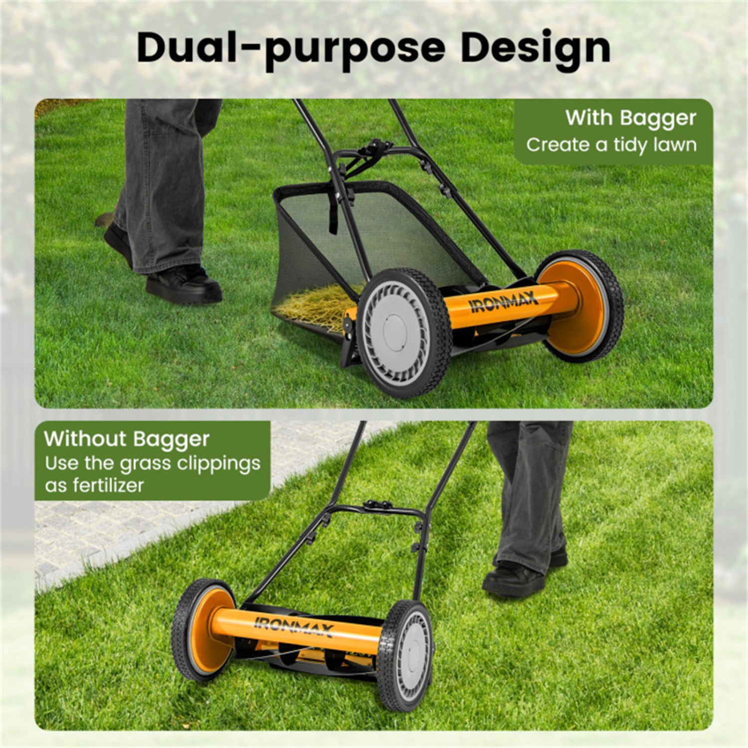 16 Inch Push Lawn Mower with Grass Catcher Bag-Orange
