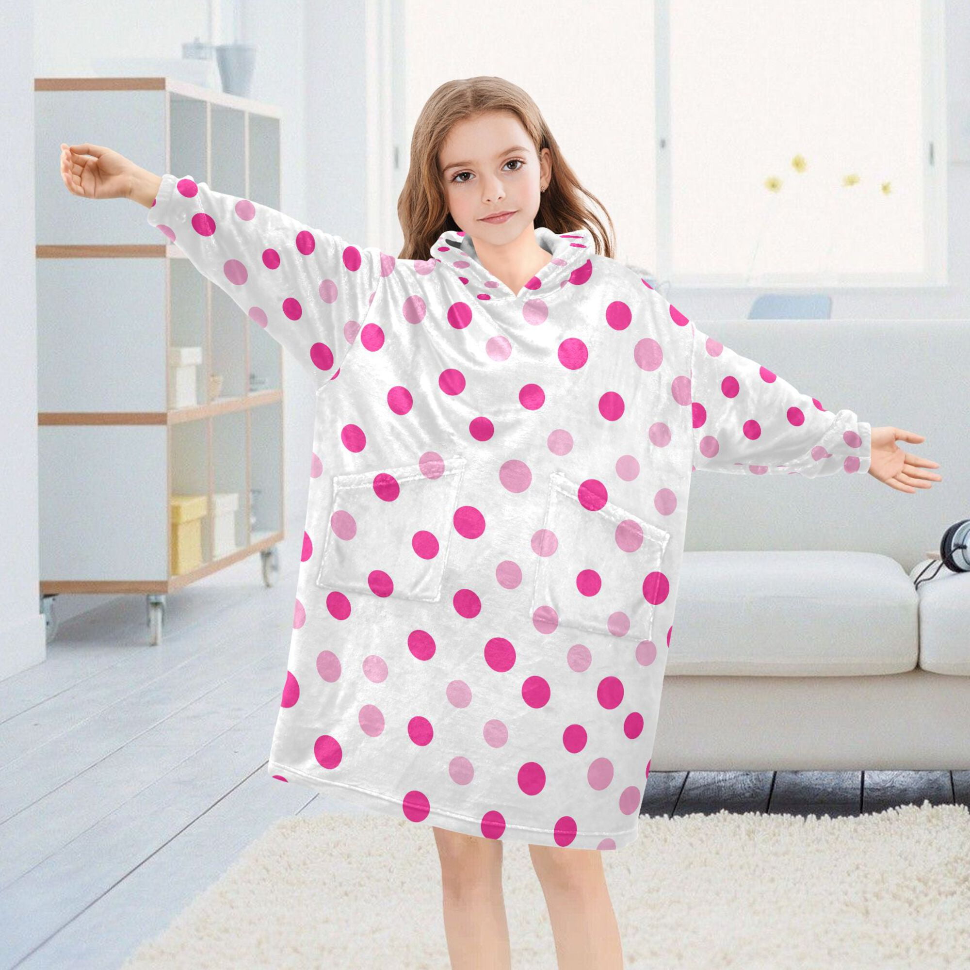 FORMRS Wearable Blanket Hoodie with Sleeves for Kids Cozy Flannel Sweatshirt, Purple Polka Dots