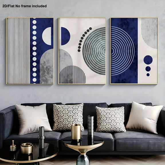 3pcs Navy Blue & Gray White Abstract Wall Art Set - Modern Bohemian Minimalist Frameless Canvas Paintings, Large Rectangular Beige//Black/Gray Panels for Living Room, Scandinavian & Coastal Decor -