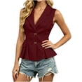 thumbnail image 2 of Stamzod Blazers for Women Business Casual Summer Sleeveless Dress Jacket V-Neck Lapel Ruffled Blazer with Bow Pockets Wine L, 2 of 7