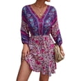 thumbnail image 5 of Women's Summer Boho Loose Dress Floral Print V Neck Long Sleeves Female Mini Dress, 5 of 9