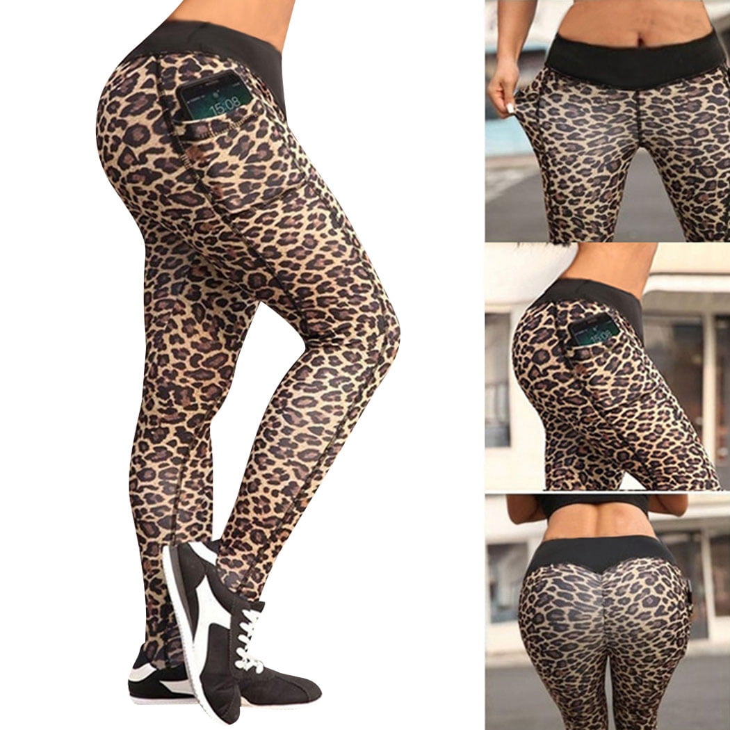 Coofit Women Yoga Pants Fashion Leopard Yoga Leggings Fitness Leggings with Pocket Walmart