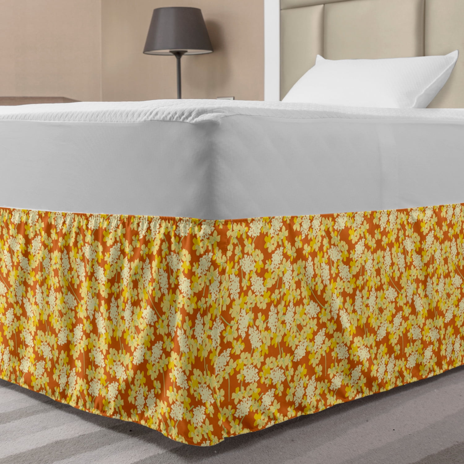 Floral Bed Skirt, Continuous Flower Warm Sunny Tones, Elastic Bedskirt Dust Ruffle Wrap Around