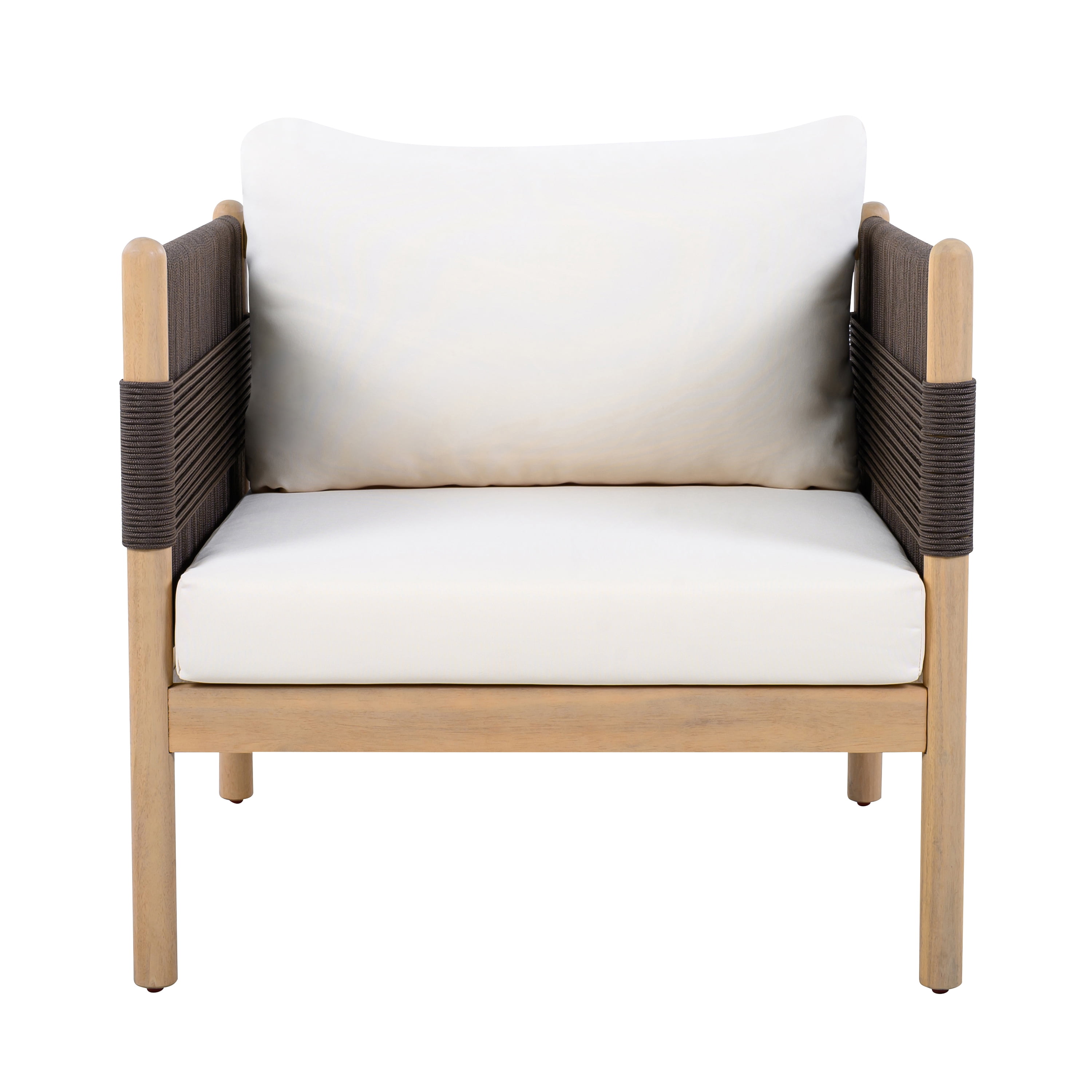 Club Chair, Outdoor Acacia Wood Chair with Diamond Rope Weave and Cushions for Patio Garden, Light Teak and Cream