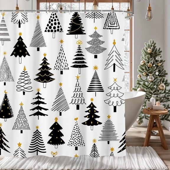 Christmas Shower Curtain Black and Gold Chrisrmas Tree Shower Curtain Winter Xmas Pine Pattern Holiday Curtain for Bathroom Decor New Year Holiday Decorative Fabric Bathroom Curtain 72x72in