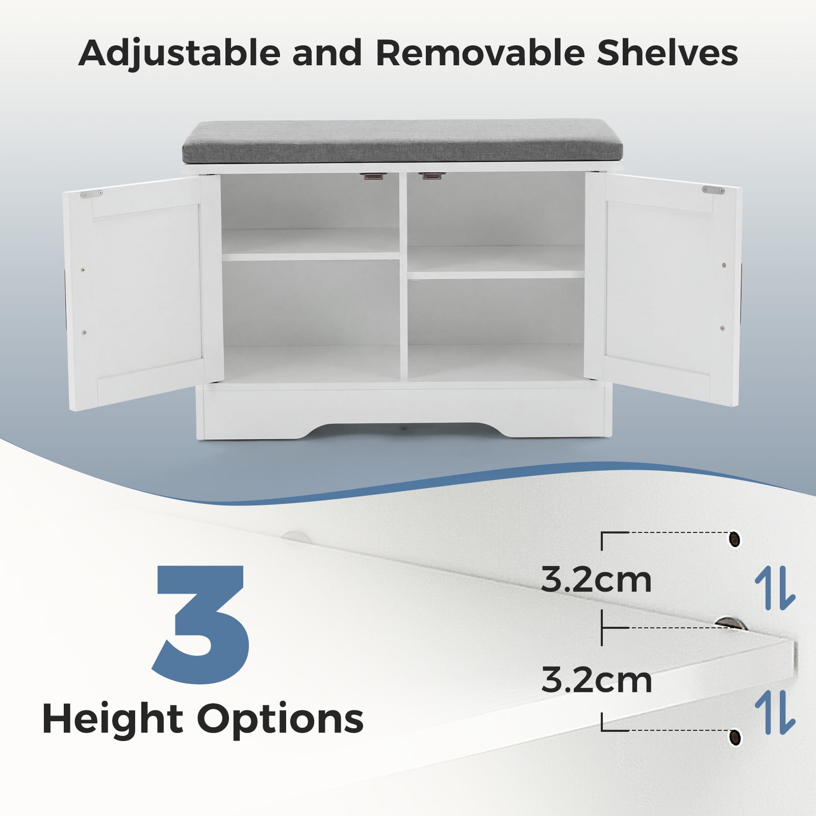 Hommoo Wooden Shoe Storage Cabinet with Cushioned Seat, 28-inch Modern Entryway Organizer for Living Room, Hallway & Bedroom, White & Gray