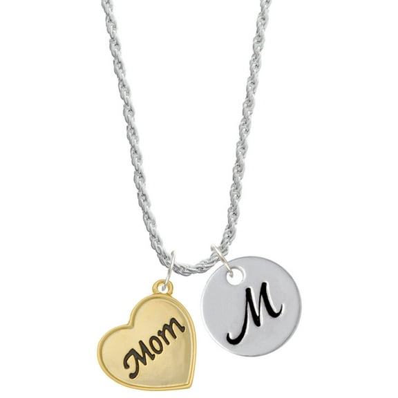 Delight Jewelry Goldtone Script Mom Heart Silvertone Script Initial Disc - M - Charm Necklace, 20"+3"