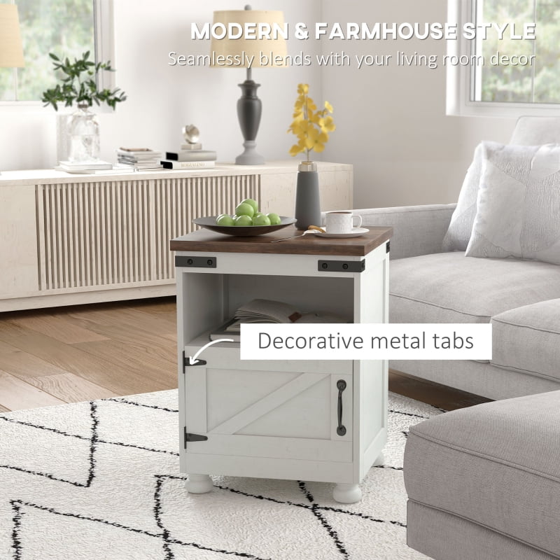 HOQBN Side Table with Storage, End Table with Open Shelf, Cupboard, and Wood Legs, Modern Farmhouse Style, White